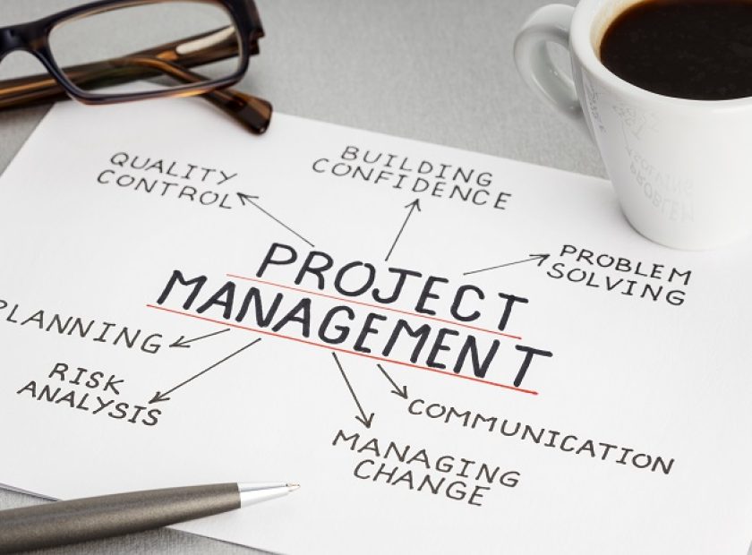 Project management concept. Paper sheet with ideas or plan, cup of coffee and eyeglasses on desk