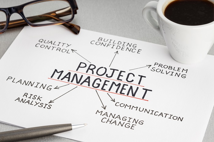 Project management concept. Paper sheet with ideas or plan, cup of coffee and eyeglasses on desk